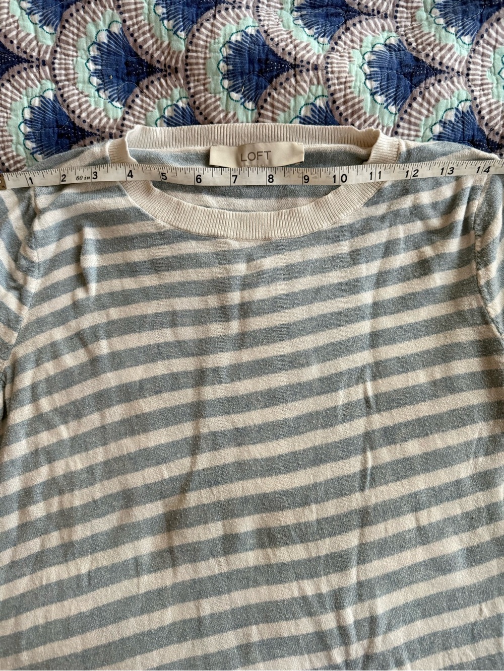 LOFT Cream and Light Blue Striped Long Sleeve lightweight Sweater